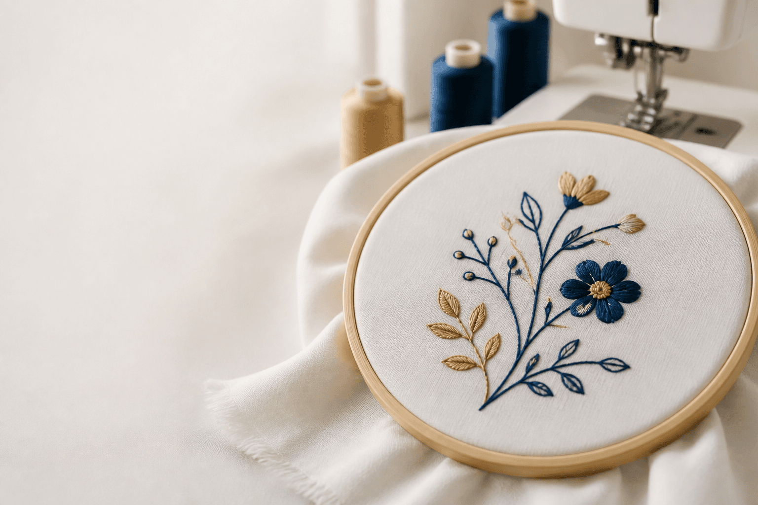 Bastidor con bordado floral azul y dorado junto a una máquina de coser